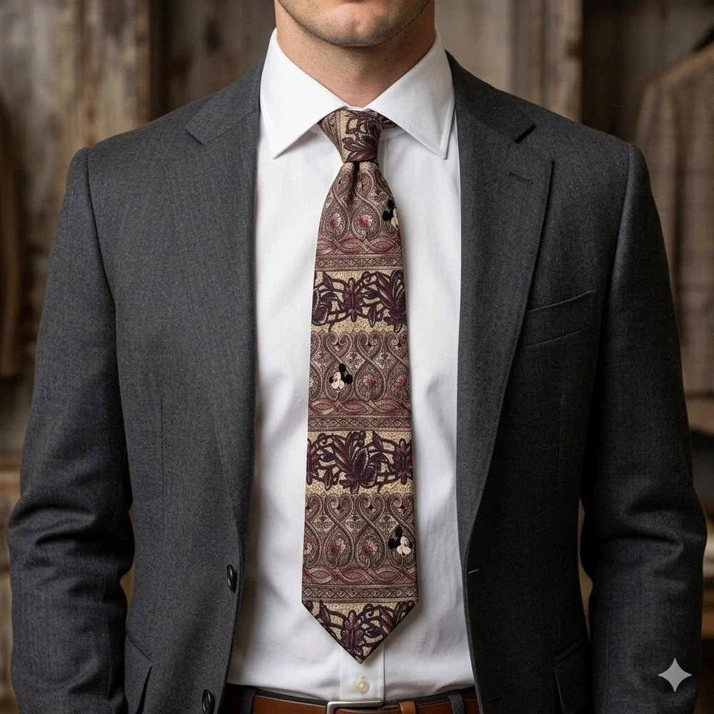 Mickey Inc Disney Mens Silk Tie Vintage Paisley Floral Burgundy Tan Mickey Mouse